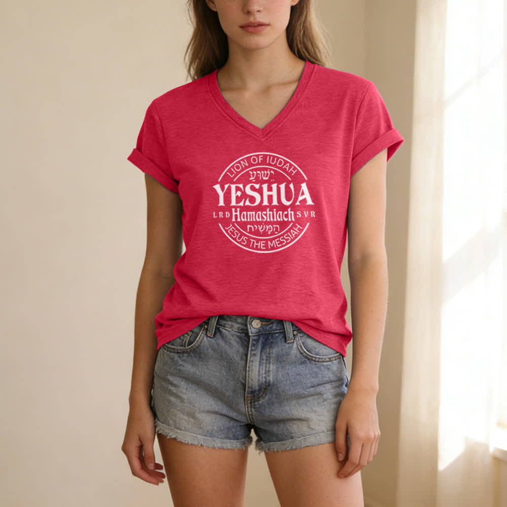 T-shirt casual da donna con scollo a V e stampa del Leone di Giuda Yeshua Christianartworkshop - image 21