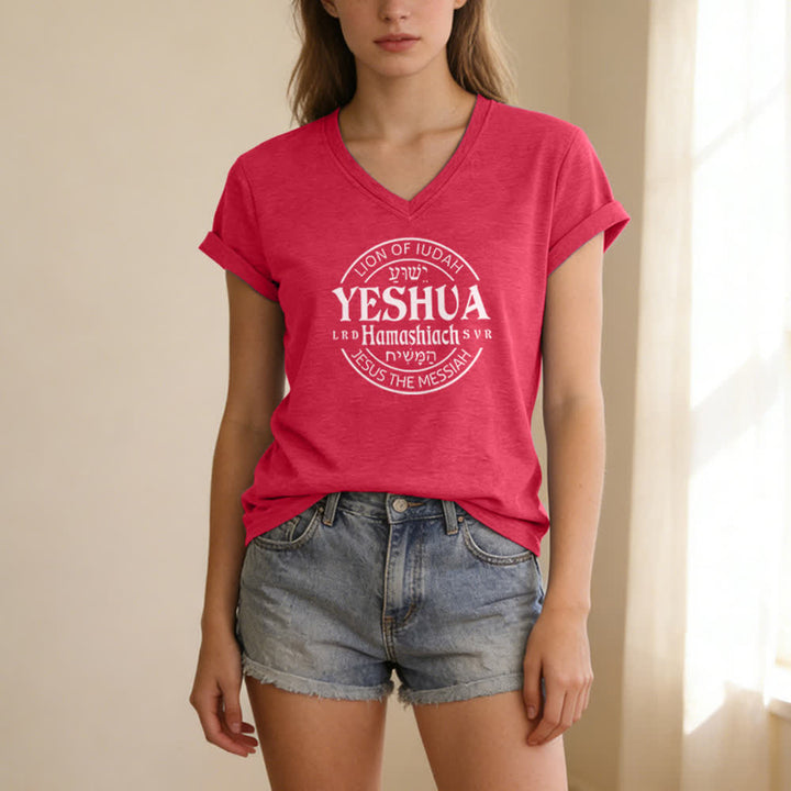 T-shirt casual da donna con scollo a V e stampa del Leone di Giuda Yeshua Christianartworkshop - image 21