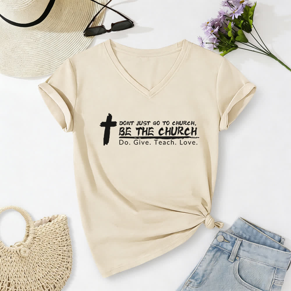 T-shirt casual con scollo a V da donna "Don't Just Go To Church Be The Church" Christianartworkshop - Beige - 2XL - image 8
