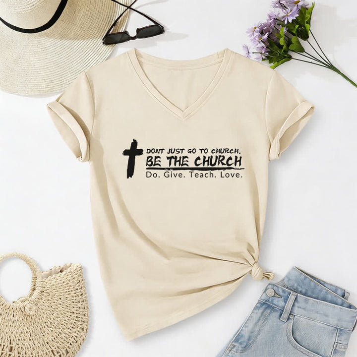 T-shirt casual con scollo a V da donna "Don't Just Go To Church Be The Church" Christianartworkshop - Beige - 2XL - image 8