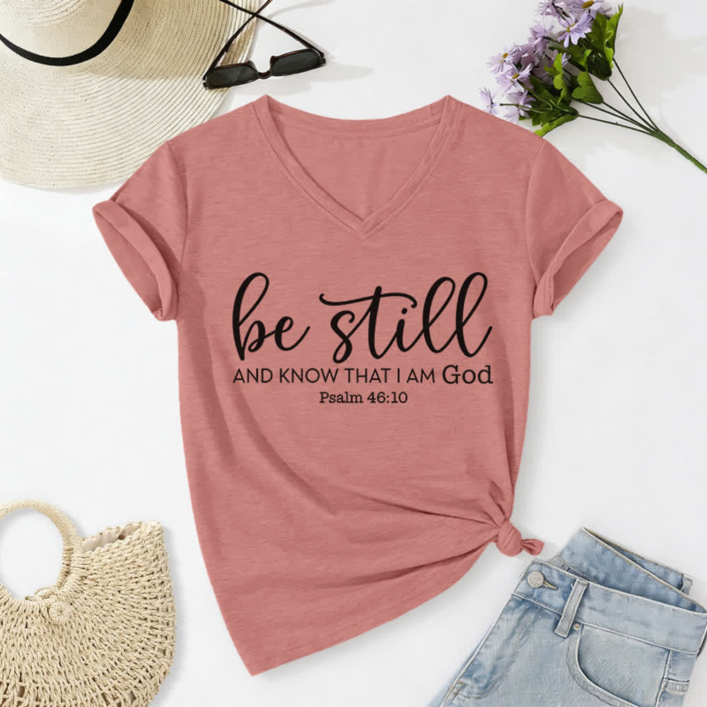 T-shirt casual da donna con scollo a V "Be Still And Know That I Am God" Christianartworkshop - Rosa chiaro - 2XL - image 18