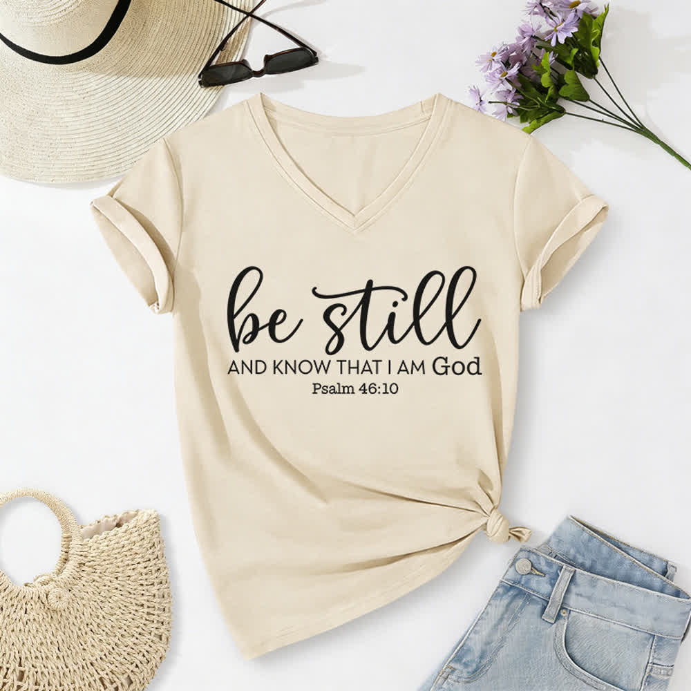 T-shirt casual da donna con scollo a V "Be Still And Know That I Am God" Christianartworkshop - Beige - 2XL - image 8