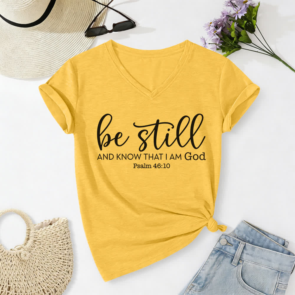 T-shirt casual da donna con scollo a V "Be Still And Know That I Am God" Christianartworkshop - Giallo - 2XL - image 0