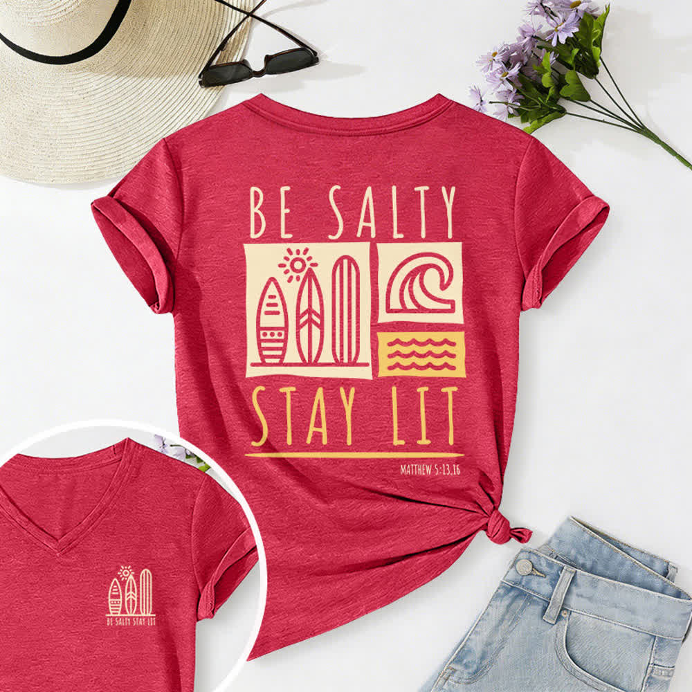 T-shirt casual da donna con scollo a V e stampa "Be Salty Stay Lit" Christianartworkshop. - Rosso - 2XL - image 50