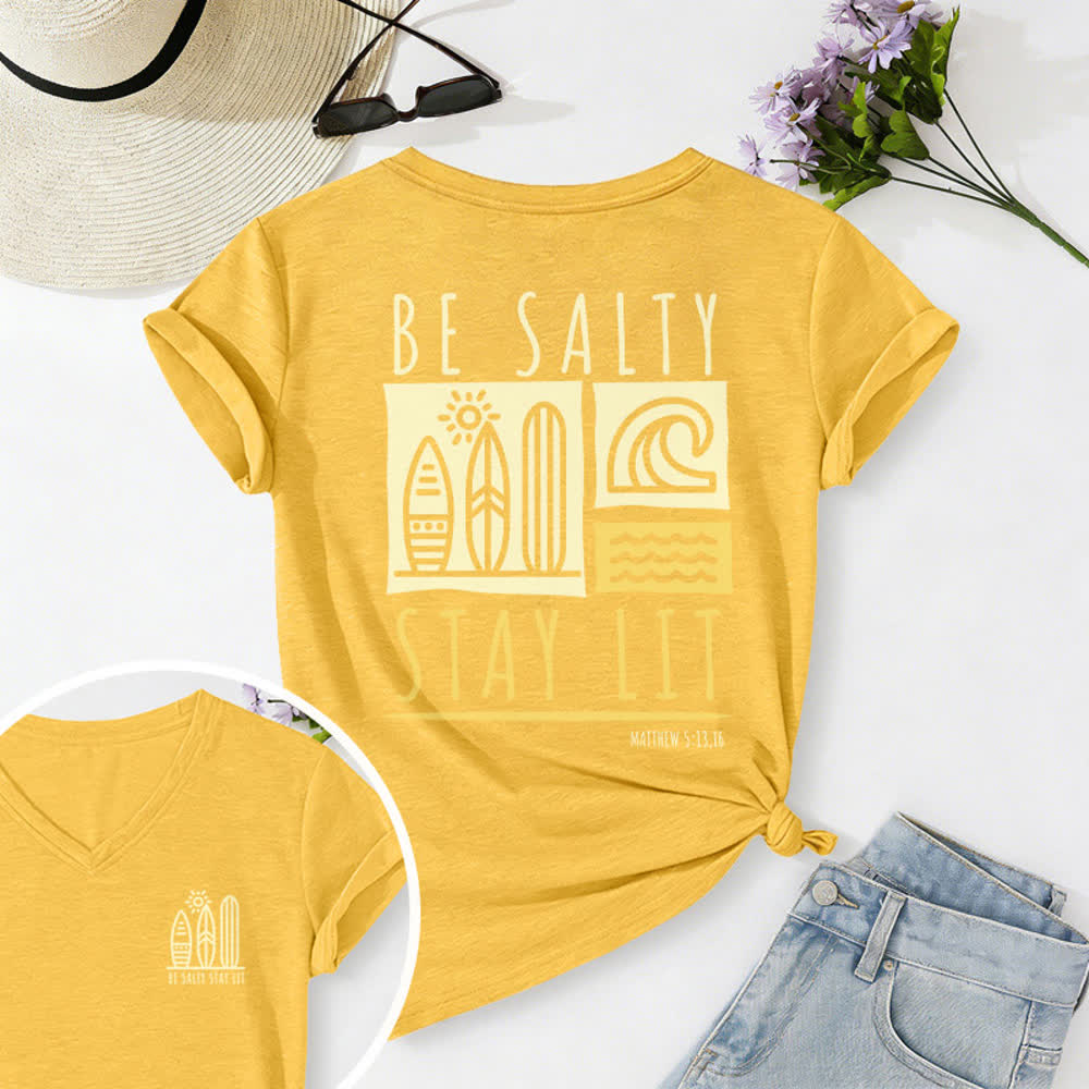 T-shirt casual da donna con scollo a V e stampa "Be Salty Stay Lit" Christianartworkshop. - Giallo - 2XL - image 25