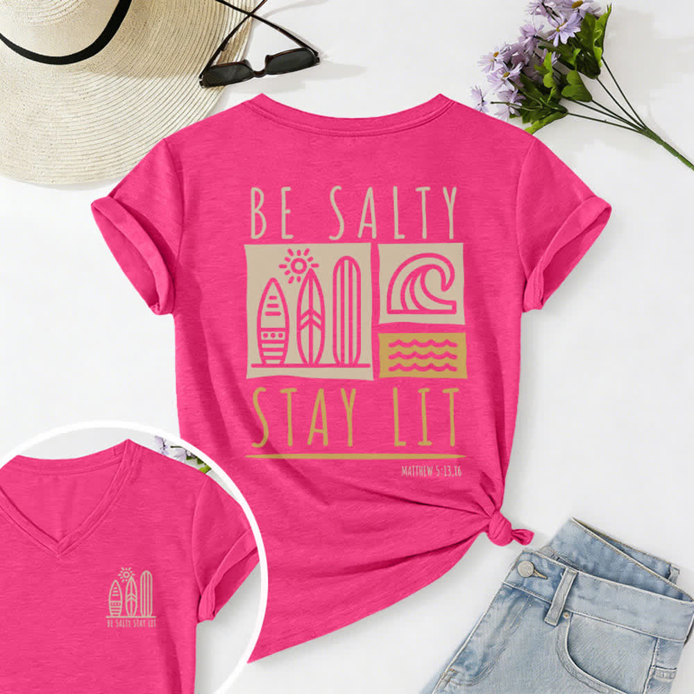 T-shirt casual da donna con scollo a V e stampa "Be Salty Stay Lit" Christianartworkshop. - Rosa - 2XL - image 55