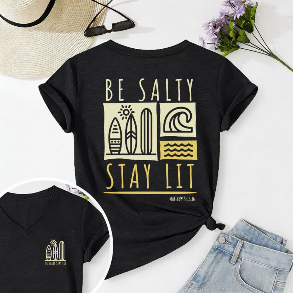T-shirt casual da donna con scollo a V e stampa "Be Salty Stay Lit" Christianartworkshop. - Nero - 2XL - image 5