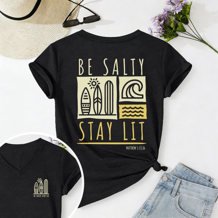 T-shirt casual da donna con scollo a V e stampa "Be Salty Stay Lit" Christianartworkshop. - Nero - 2XL - image 5