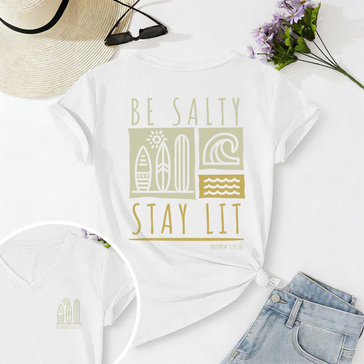 T-shirt casual da donna con scollo a V e stampa "Be Salty Stay Lit" Christianartworkshop. - Bianco - 2XL - image 10