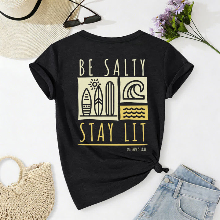 T-shirt casual da donna con scollo a V e stampa "Be Salty Stay Lit" Christianartworkshop. - image 6