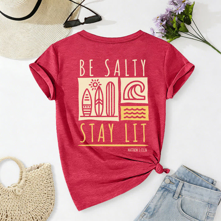 T-shirt casual da donna con scollo a V e stampa "Be Salty Stay Lit" Christianartworkshop. - image 51