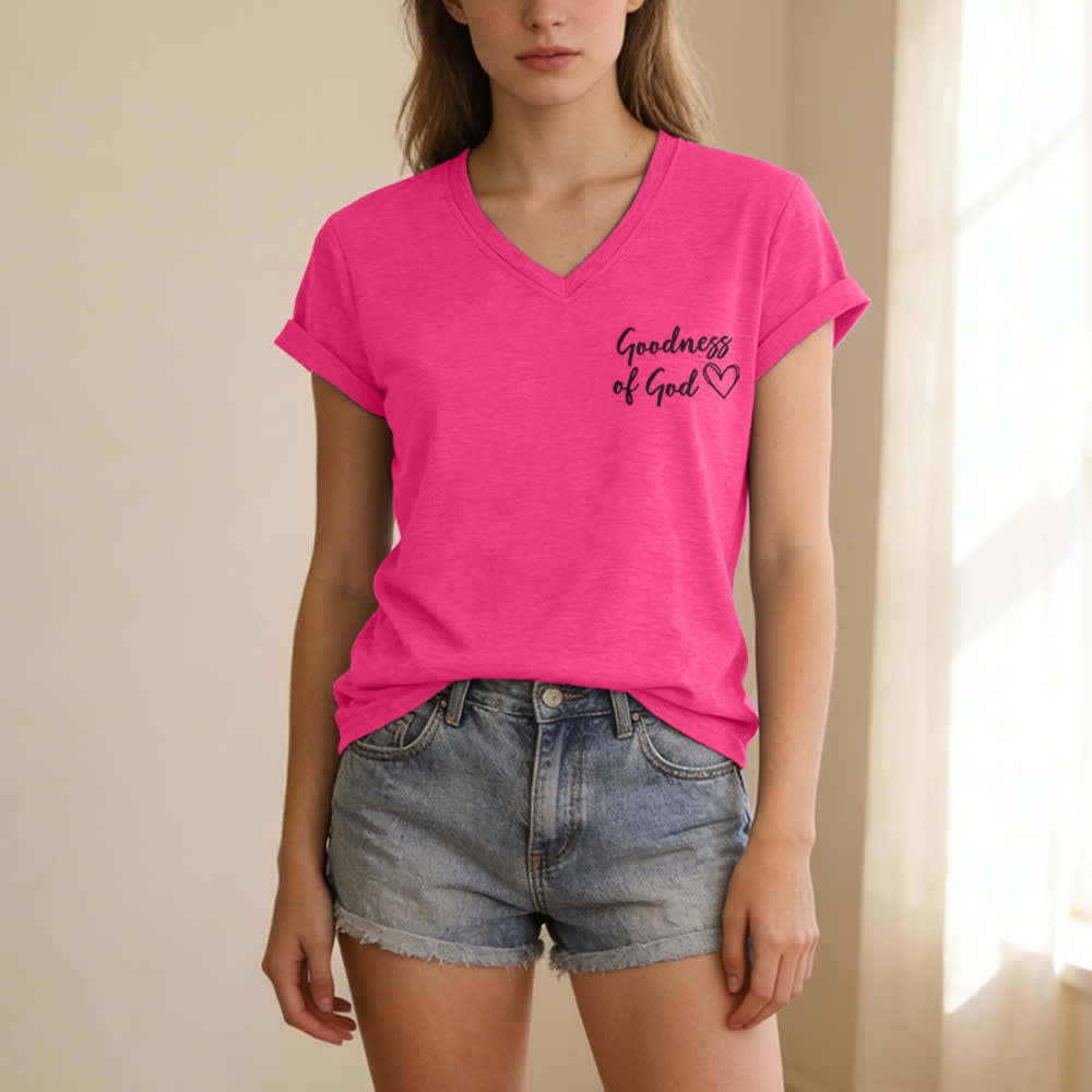 T-shirt casual da donna con scollo a V "I Will Sing Of The Goodness Of God" Christianartworkshop - image 59