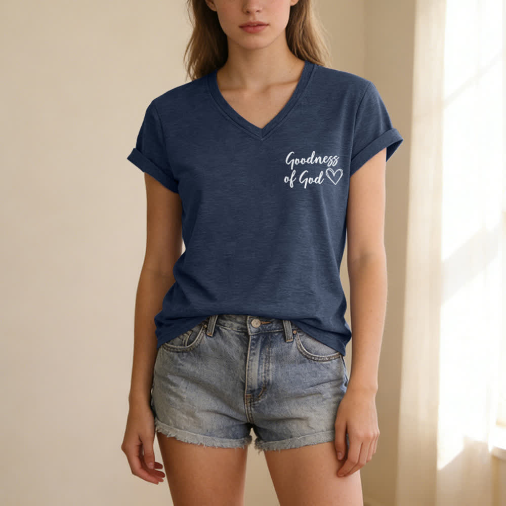 T-shirt casual da donna con scollo a V "I Will Sing Of The Goodness Of God" Christianartworkshop - image 44