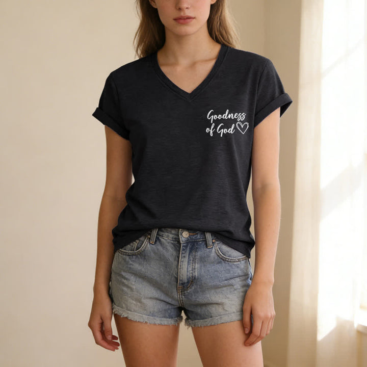 T-shirt casual da donna con scollo a V "I Will Sing Of The Goodness Of God" Christianartworkshop - image 4