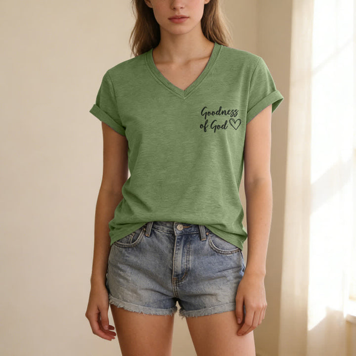 T-shirt casual da donna con scollo a V "I Will Sing Of The Goodness Of God" Christianartworkshop - image 29
