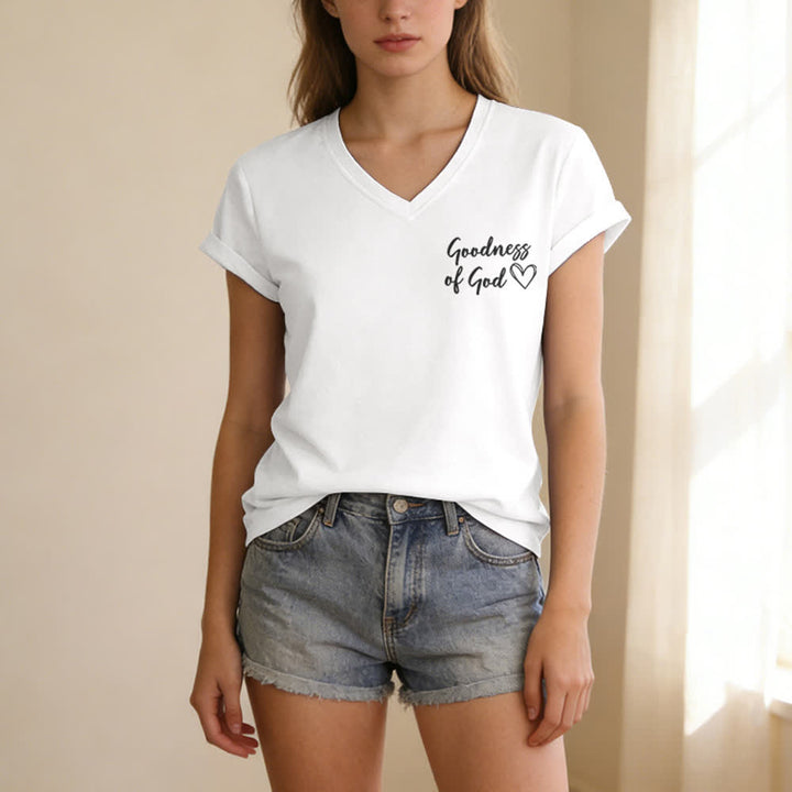 T-shirt casual da donna con scollo a V "I Will Sing Of The Goodness Of God" Christianartworkshop - image 9