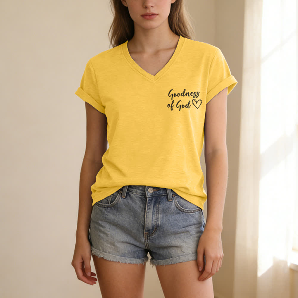 T-shirt casual da donna con scollo a V "I Will Sing Of The Goodness Of God" Christianartworkshop - image 24