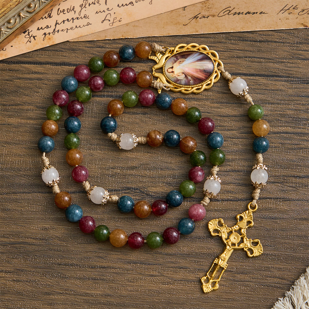 Christianartworkshop: Rosario con perle di tormalina colorata, Divina Misericordia quadrata e crocifisso dorato. - Divina Misericordia - image 0