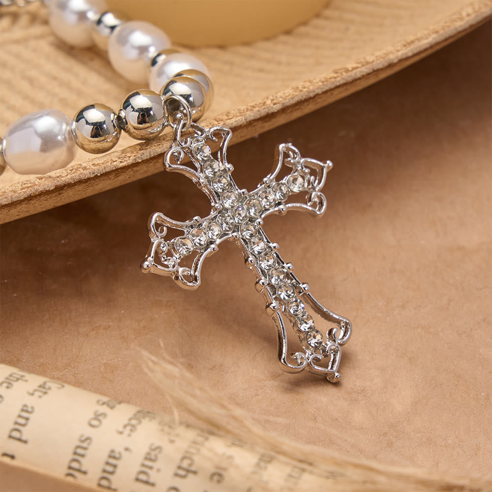 Collana con croce gotica in perle barocche e zirconi Christianartworkshop : simbolo di fede e devozione romantica - image 6