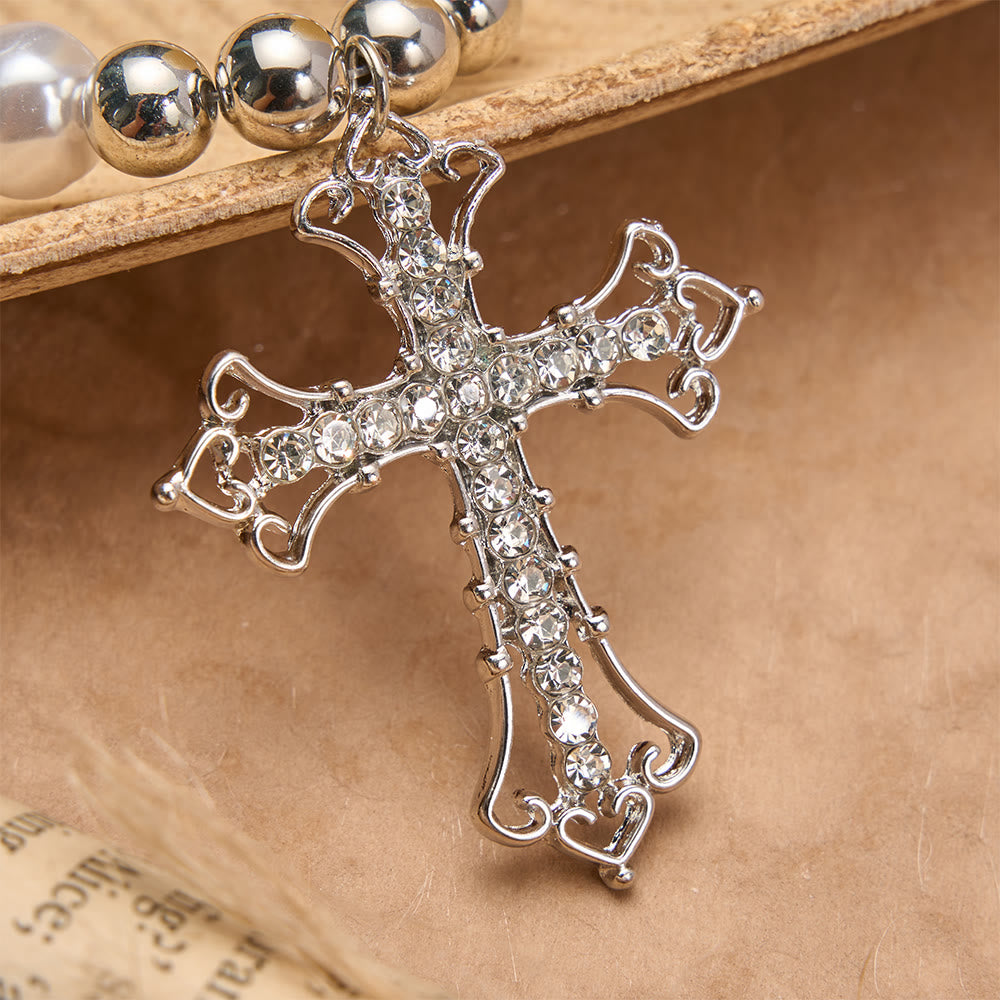 Collana con croce gotica in perle barocche e zirconi Christianartworkshop : simbolo di fede e devozione romantica - image 5