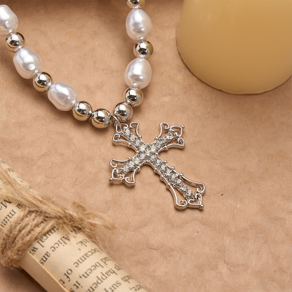 Collana con croce gotica in perle barocche e zirconi Christianartworkshop : simbolo di fede e devozione romantica - image 2