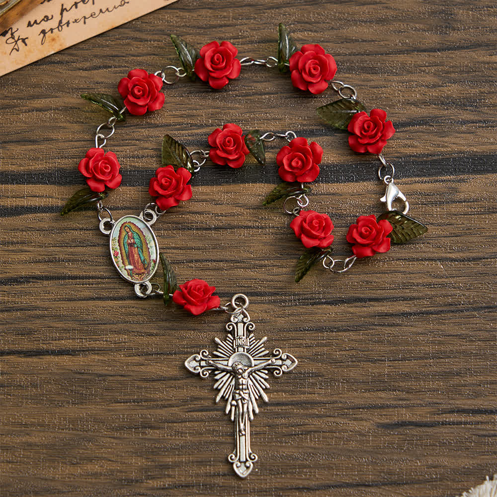 Christianartworkshop Sacro rosario tascabile con rosa rossa e devozione floreale alla Madonna - image 2