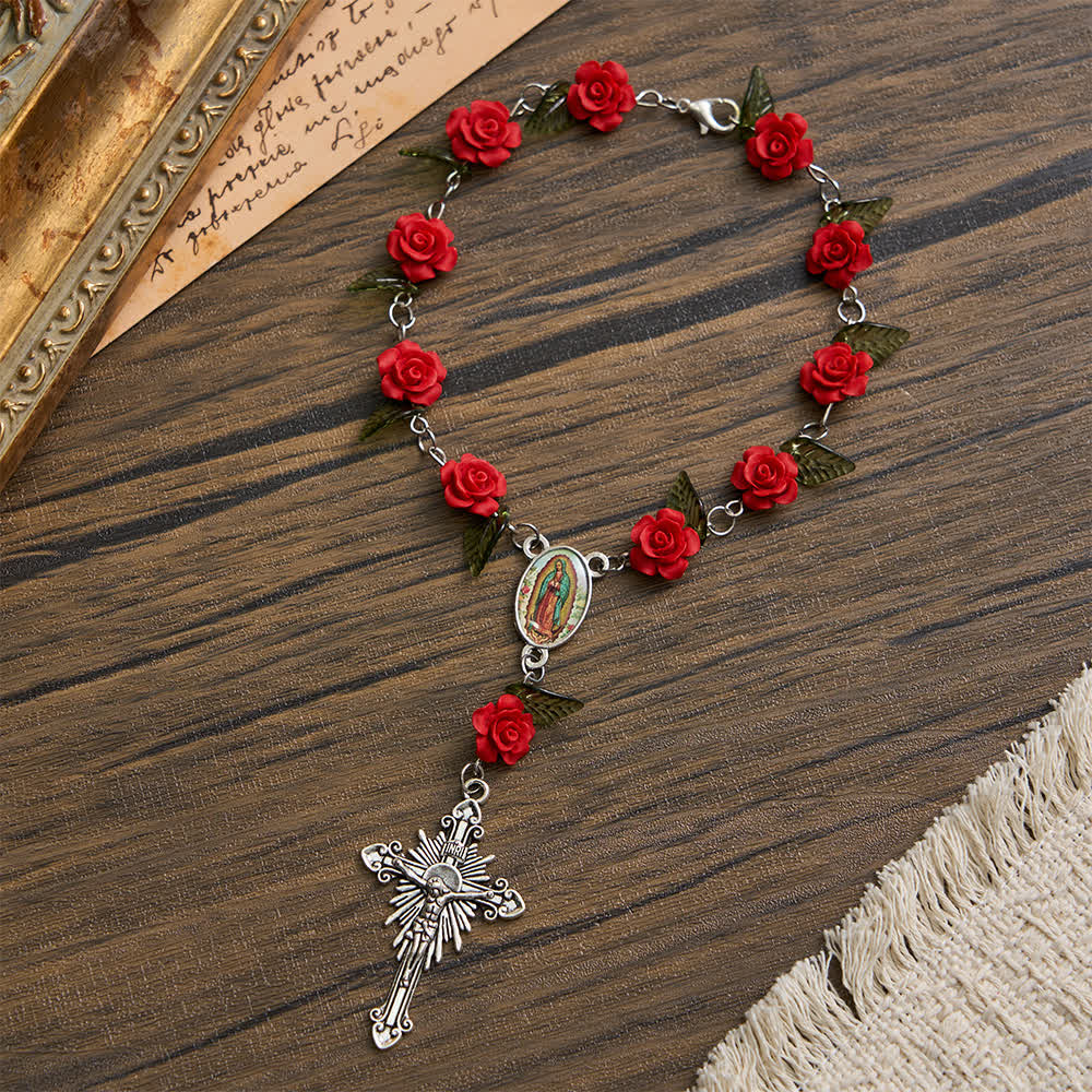Christianartworkshop Sacro rosario tascabile con rosa rossa e devozione floreale alla Madonna - Nostra Signora e il Crocifisso - image 0