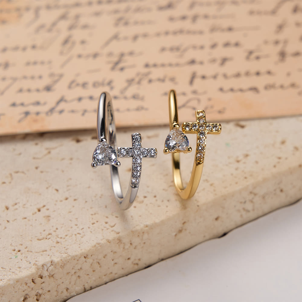 Christianartworkshop Anello regolabile bicolore con croce e cuore in zirconi incastonati: un promemoria della grazia sacra. - image 1