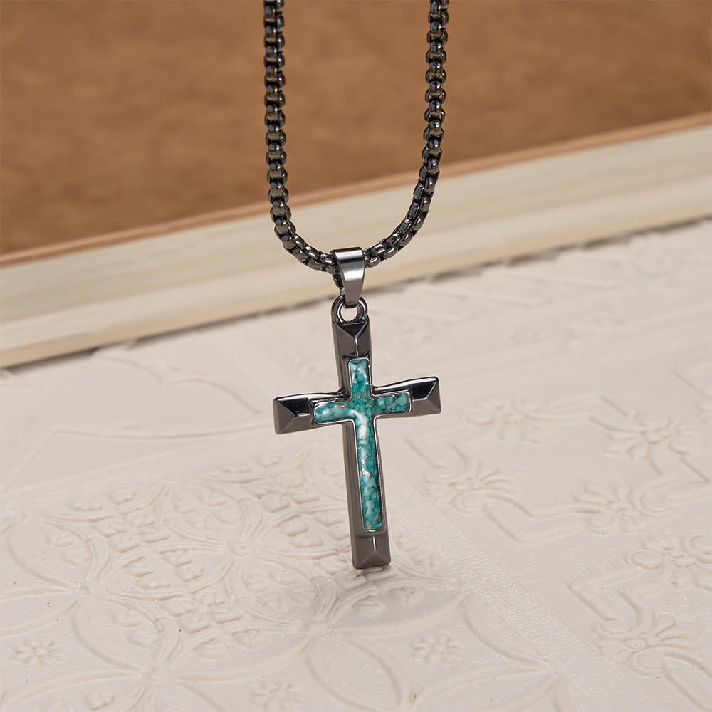 Christianartworkshop Collana con croce in metallo lucido e intarsio di turchese: un ricordo della grazia divina - image 3