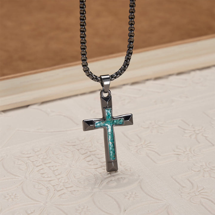 Christianartworkshop Collana con croce in metallo lucido e intarsio di turchese: un ricordo della grazia divina - image 3