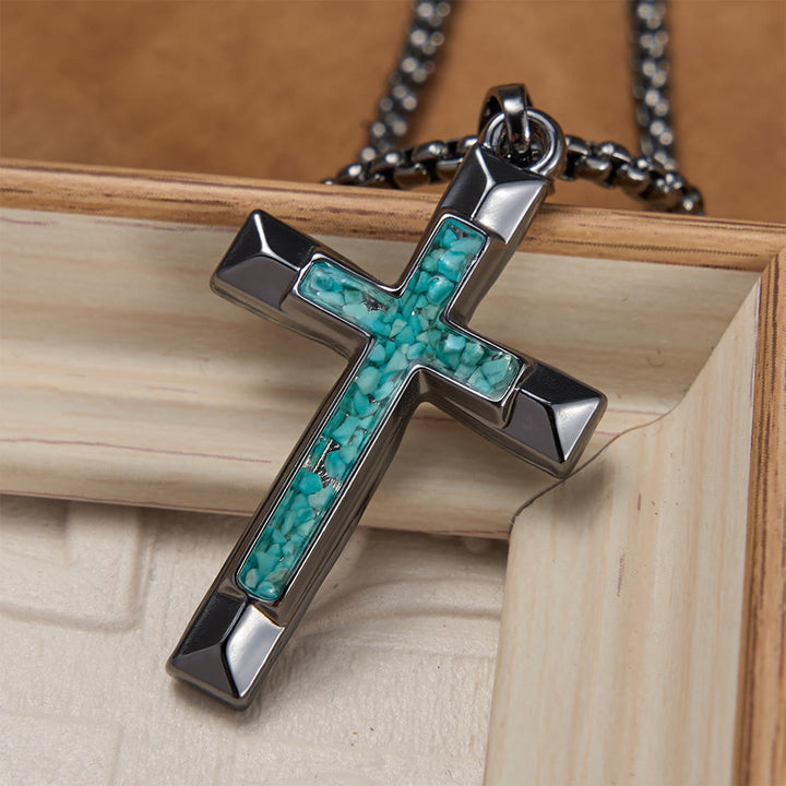 Christianartworkshop Collana con croce in metallo lucido e intarsio di turchese: un ricordo della grazia divina - Croce Turchese - image 0