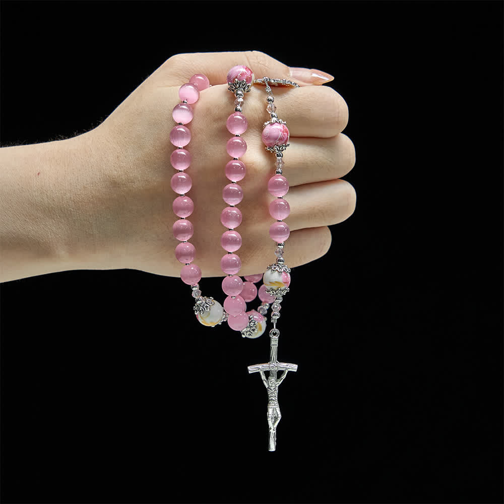 Christianartworkshop Elegante rosario rosa occhio di gatto con devozione mariana floreale - image 1