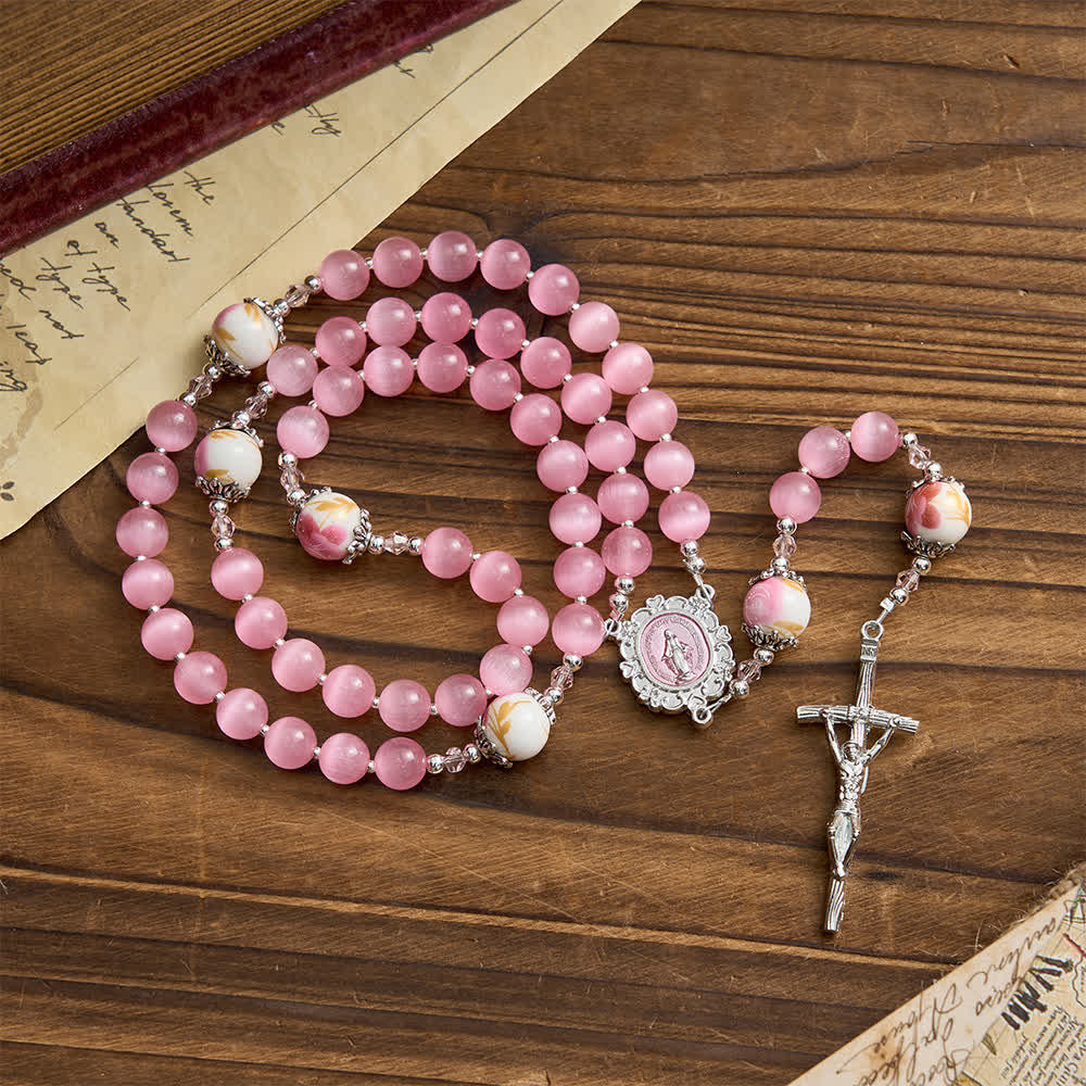 Christianartworkshop Elegante rosario rosa occhio di gatto con devozione mariana floreale - image 2