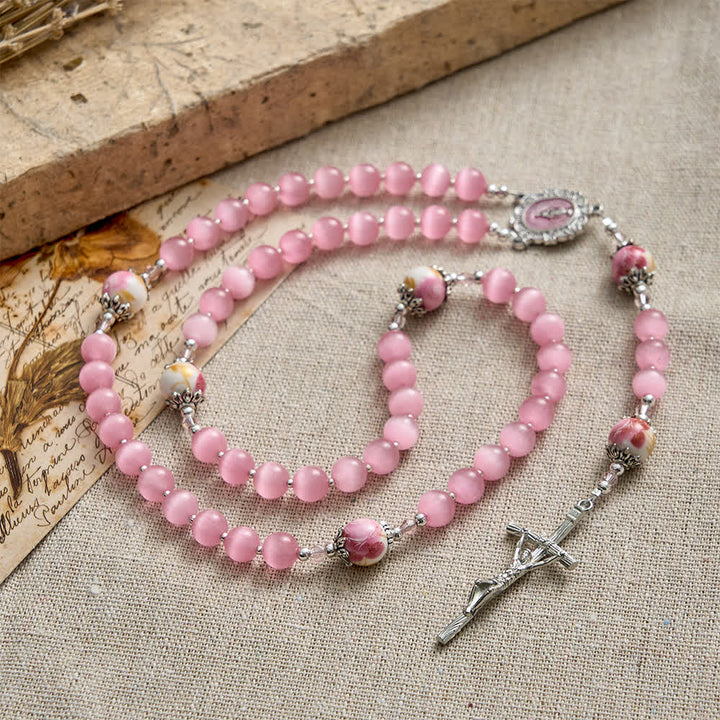 Christianartworkshop Elegante rosario rosa occhio di gatto con devozione mariana floreale - image 6