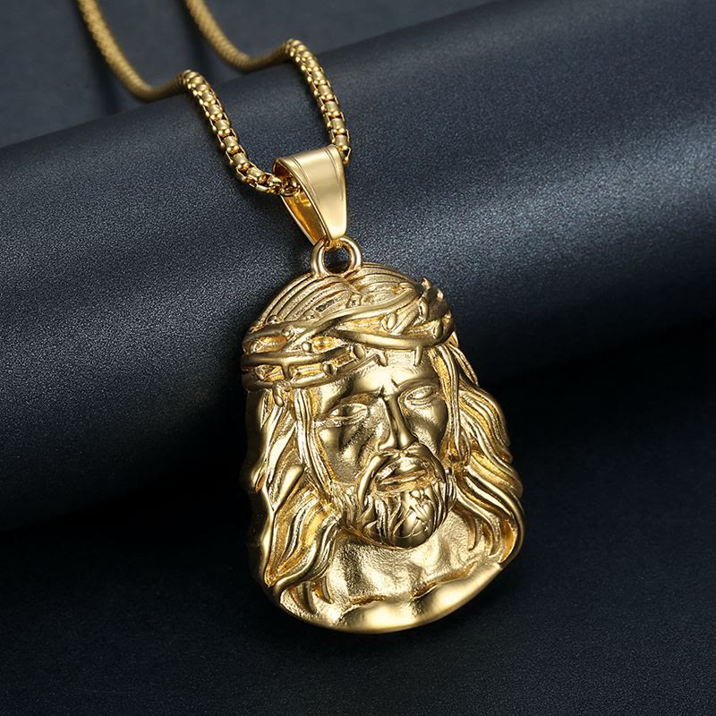 Christianartworkshop Collana con ciondolo a forma di testa di Gesù, corona di spine e dettagli in zircone: simbolo di sacrificio e grazia. - Spina dorata lucida - image 1