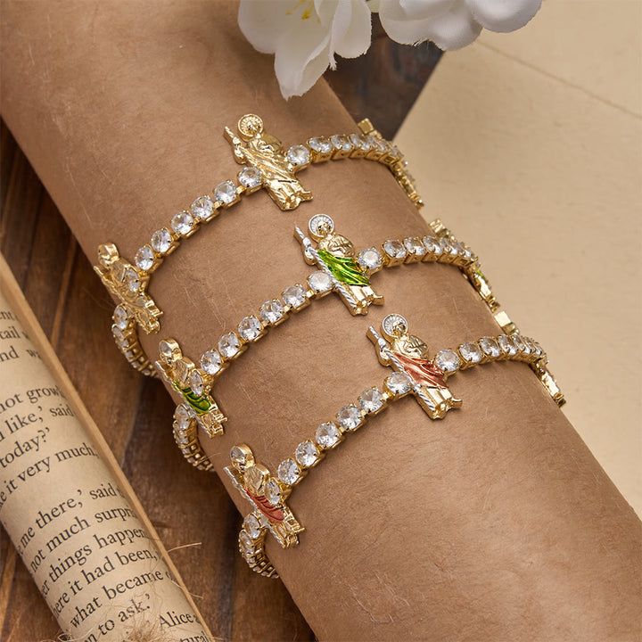 Christianartworkshop Bracciale tennis con scintillanti zirconi e motivi di San Giuda, San Benedetto e la Madonna: un ricordo della grazia celeste. - image 3