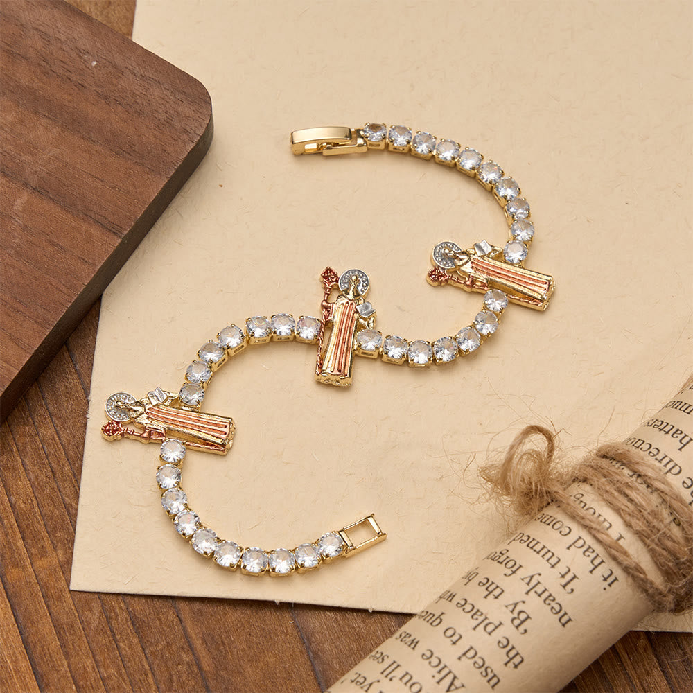 Christianartworkshop Bracciale tennis con scintillanti zirconi e motivi di San Giuda, San Benedetto e la Madonna: un ricordo della grazia celeste. - San Benedetto - Tunica Rosa - image 14