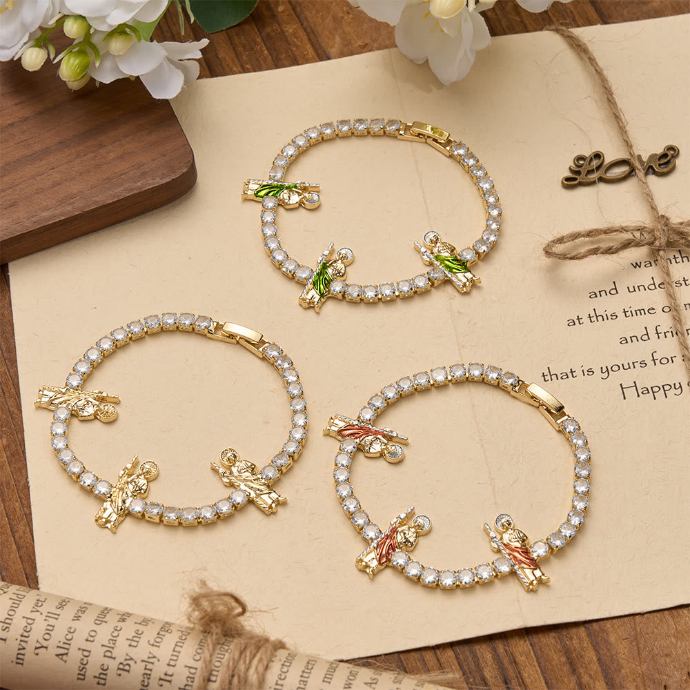 Christianartworkshop Bracciale tennis con scintillanti zirconi e motivi di San Giuda, San Benedetto e la Madonna: un ricordo della grazia celeste. - image 2