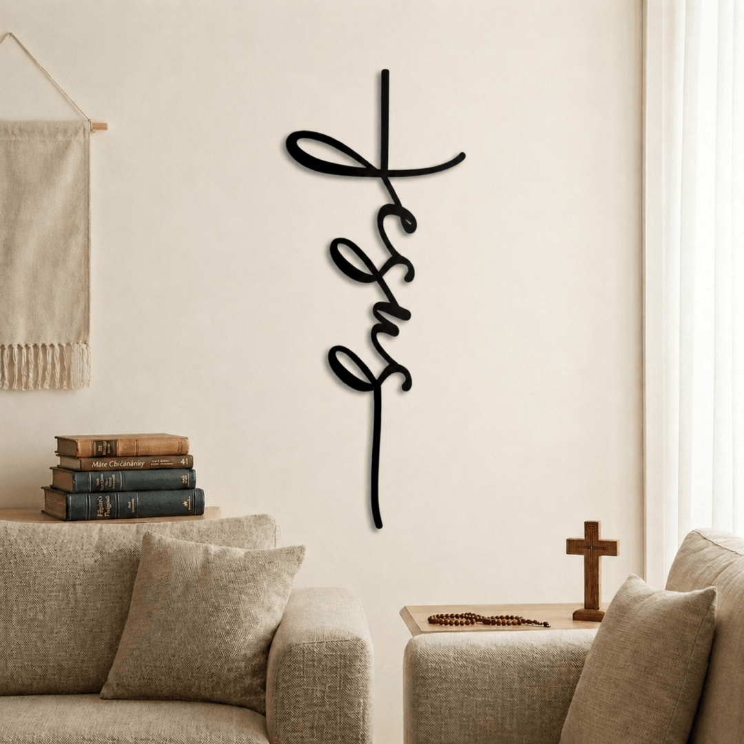 Christianartworkshop Decorazione murale in metallo con croce e scritta "Gesù": una dichiarazione di fede minimalista - image 0