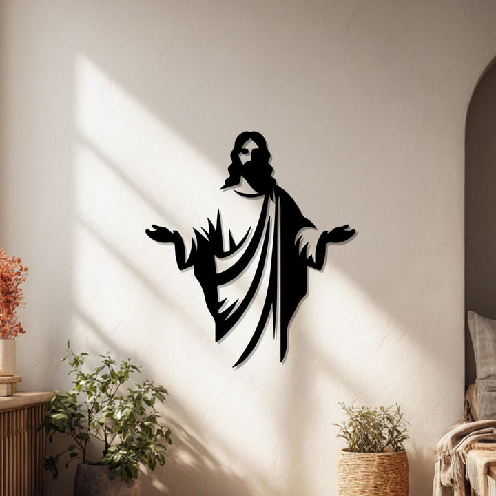 Christianartworkshop - Decorazione murale in metallo con la silhouette di Gesù che dà il benvenuto: un simbolo della grazia divina - image 0