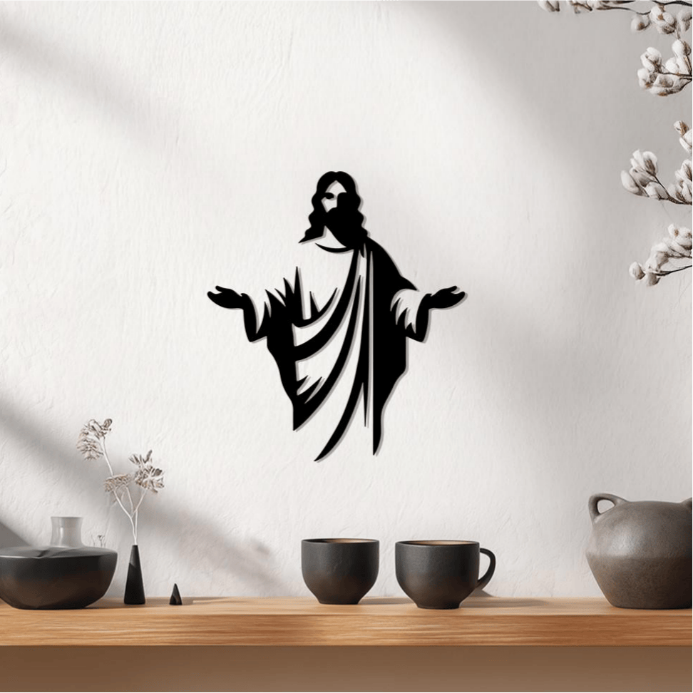 Christianartworkshop Decorazione murale in metallo con silhouette di Gesù che accoglie i visitatori: un simbolo della grazia divina. - image 1