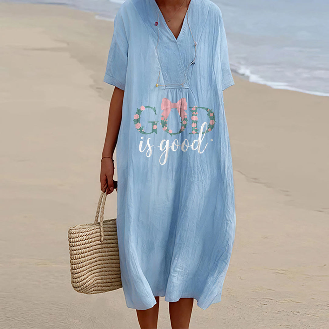 Christianartworkshop Dio è buono in ogni momento Abito midi a maniche corte con scollo a V e stampa acquerello - Blu - 4XL - image 0