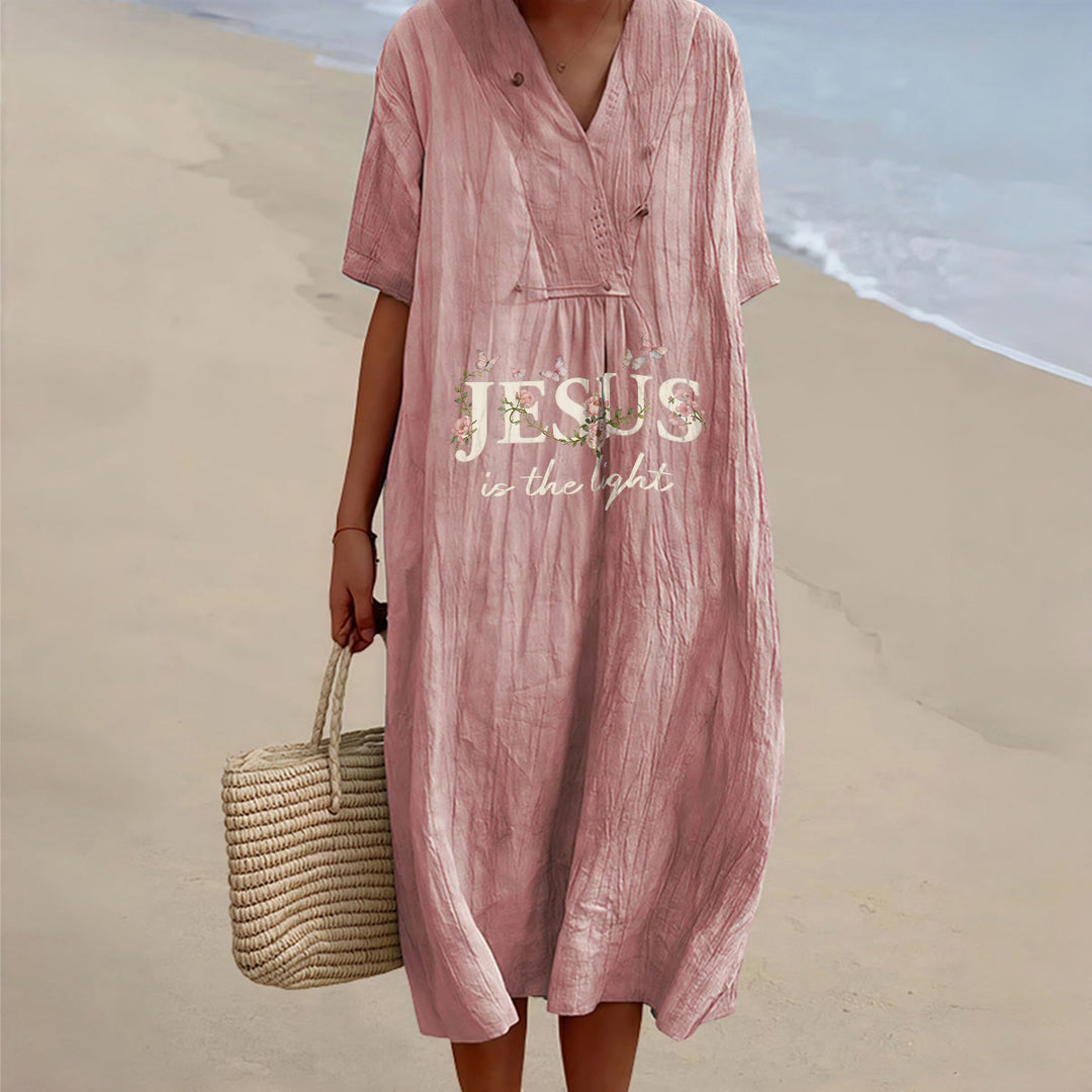 Christianartworkshop Abito midi a maniche corte con scollo a V e stampa floreale a farfalla "Jesus Is The Light" - Rosa - 4XL - image 6