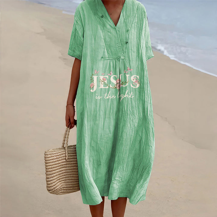 Christianartworkshop Abito midi a maniche corte con scollo a V e stampa floreale a farfalla "Jesus Is The Light" - Verde - 4XL - image 2