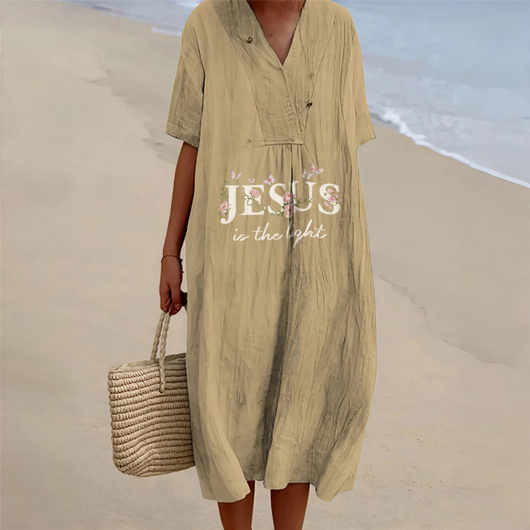 Christianartworkshop Abito midi a maniche corte con scollo a V e stampa floreale a farfalla "Jesus Is The Light" - Cachi - 4XL - image 0