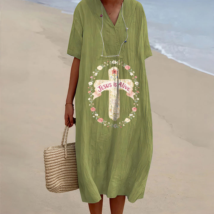 Christianartworkshop Abito midi a maniche corte con scollo a V e croce floreale "Jesus Is Alive" - Verde oliva - 4XL - image 10
