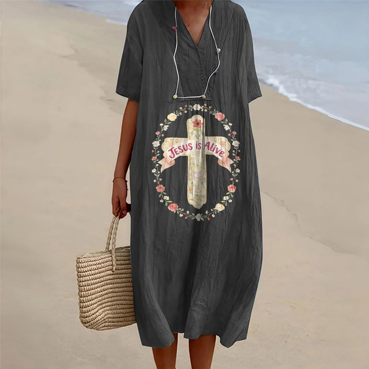 Christianartworkshop Abito midi a maniche corte con scollo a V e croce floreale "Jesus Is Alive" - Nero - 4XL - image 8