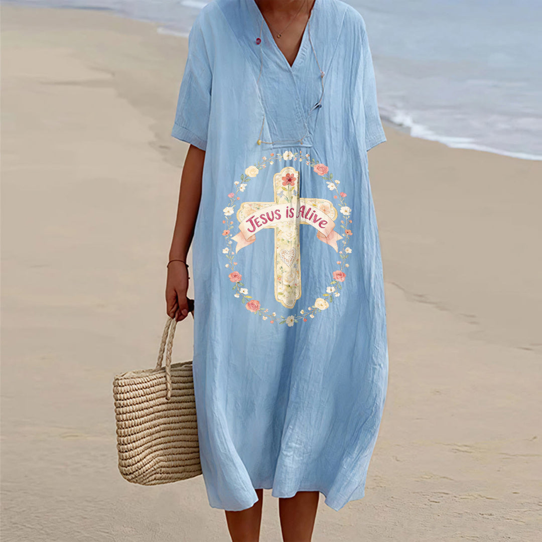 Christianartworkshop Abito midi a maniche corte con scollo a V e croce floreale "Jesus Is Alive" - Blu - 4XL - image 0