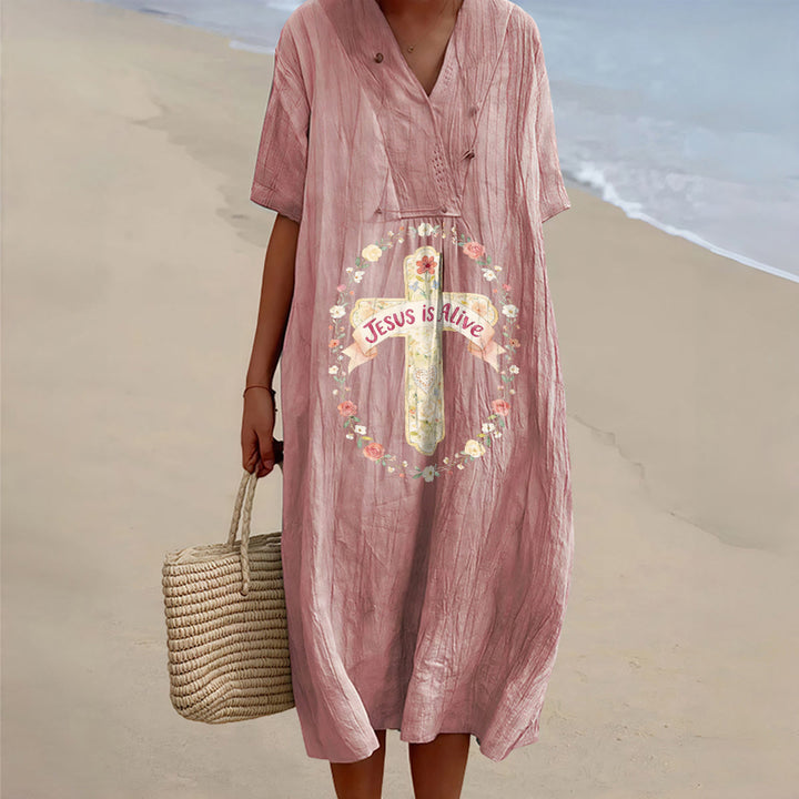 Christianartworkshop Abito midi a maniche corte con scollo a V e croce floreale "Jesus Is Alive" - Rosa - 4XL - image 6