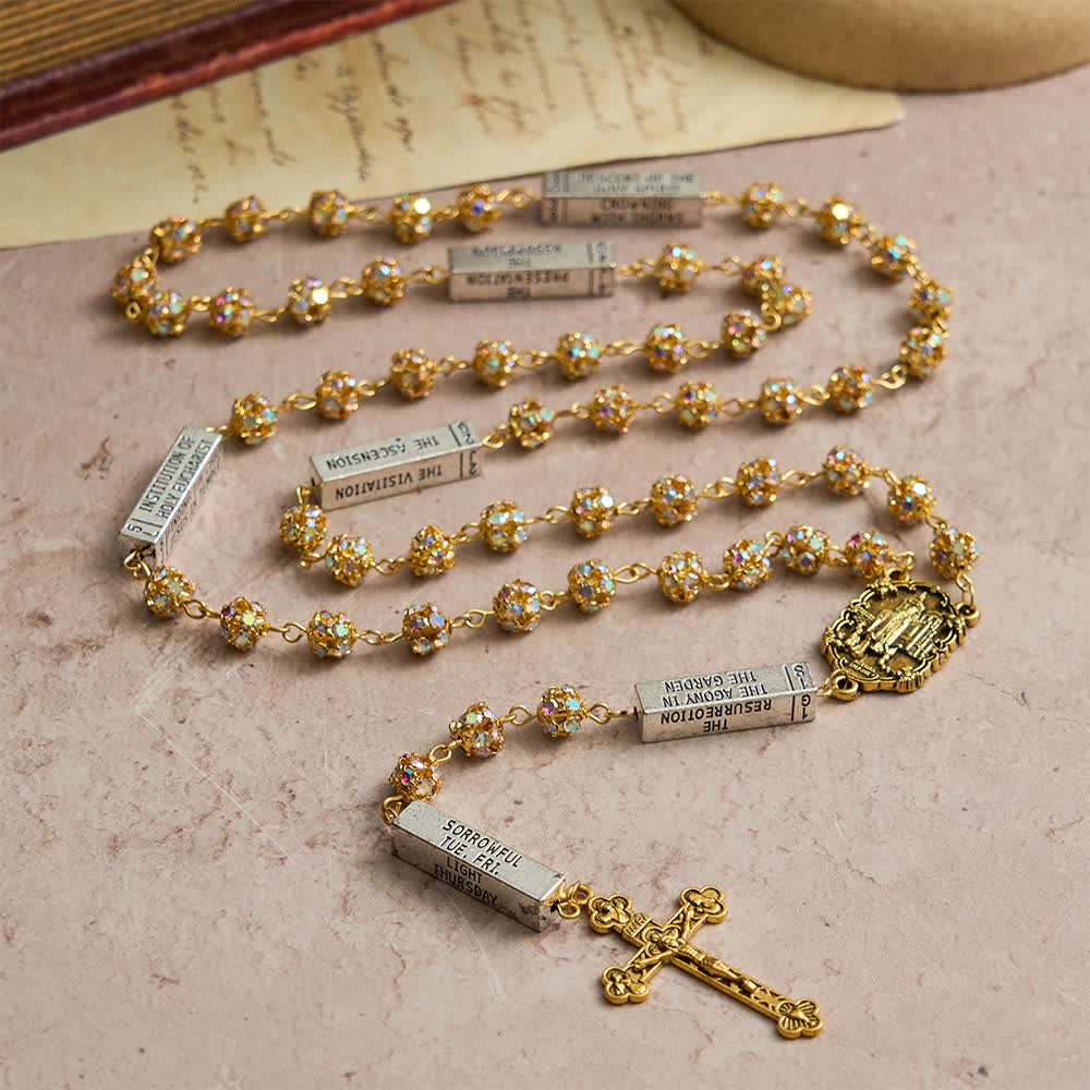 Christianartworkshop Rosario a sei tavolette con strass dorati e l'immagine della Madonna di Fatima - image 2